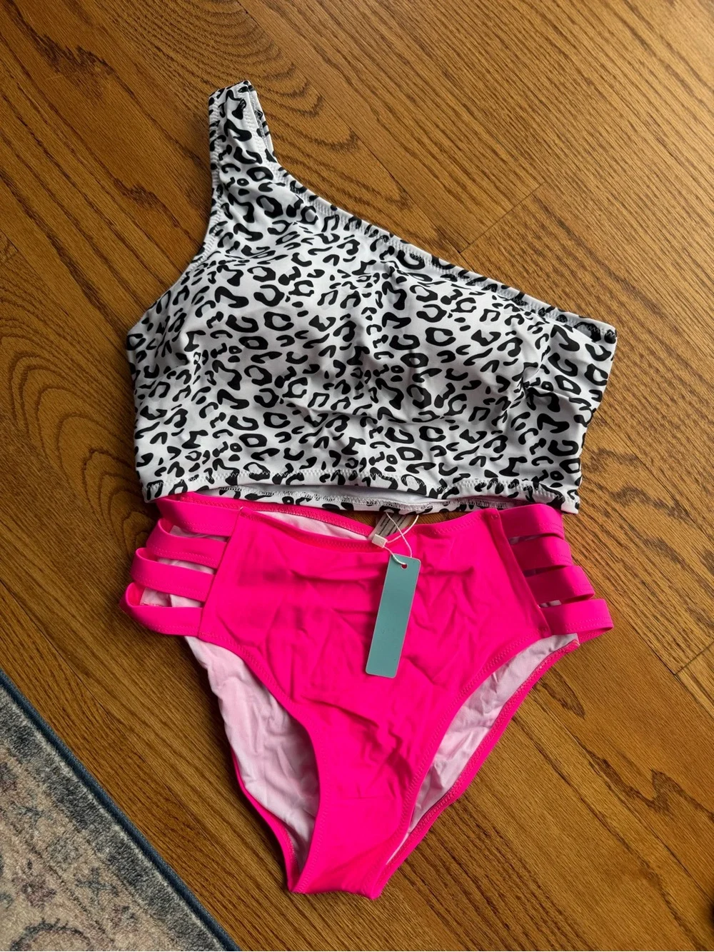 One-Shoulder Leopard Print Bikini Top with Hot Pink High-Waist Bottom